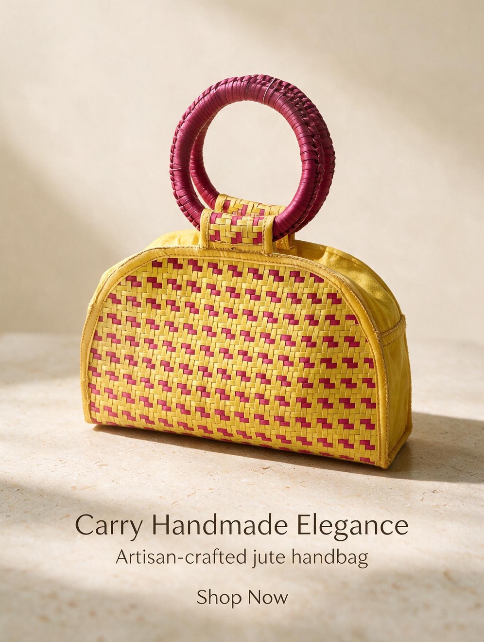 Yellow and magenta handwoven palm leaf handbag