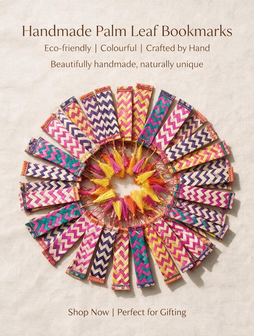 Colourful handmade palm leaf bookmarks arranged in a circle
