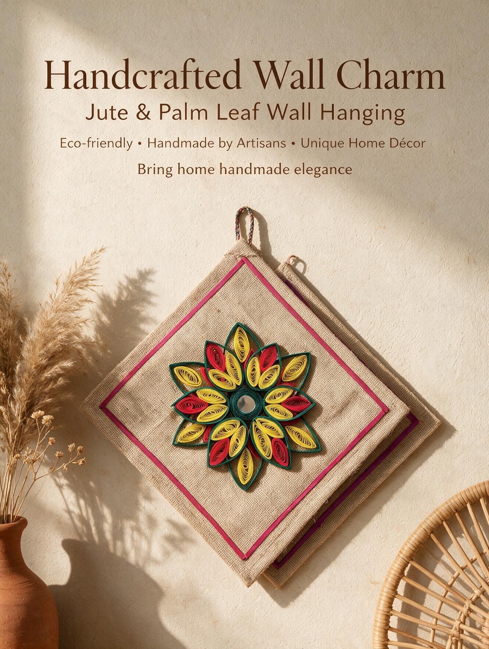 Jute wall hanging with a colourful handcrafted floral centre